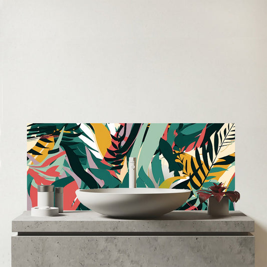 Coloured Tropical Leaves Glass Bathroom Splashback