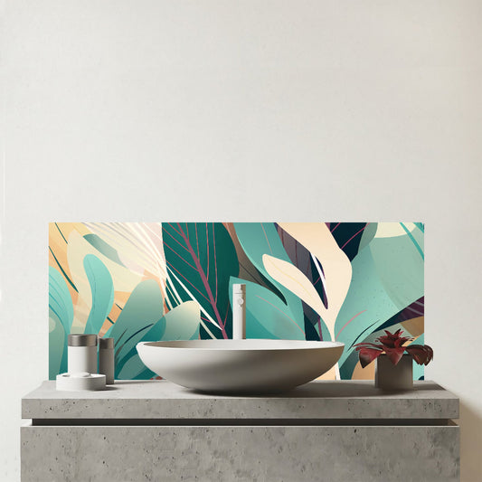 Abstract Tropical Leaves Glass Bathroom Splashback