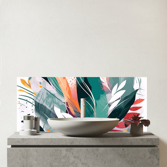 Coloured Abstrace Feather Leaves Glass Bathroom Splashback