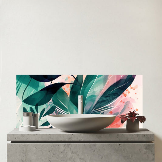 Green Feather leaves Tropical Glass Bathroom Splashback