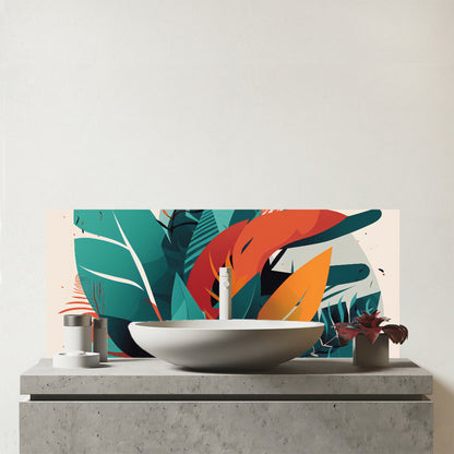 Green Orange Tropical Leaves Glass Bathroom Splashback