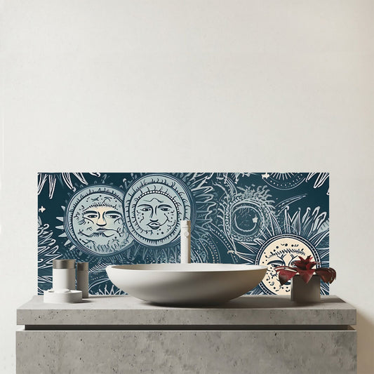 Silver Blue Moon and Stars Glass Bathroom Splashback