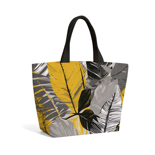 Grey Yellow Floral Leaves Beach Shopper Tote Bag