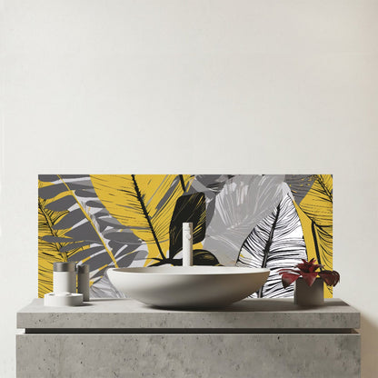 Grey Yellow Floral Leaves Glass Bathroom Splashback