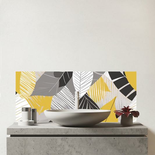 Grey Yellow Autumn Leaves Glass Bathroom Splashback