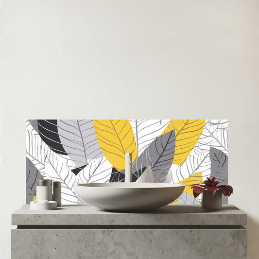 Yellow Grey Feather Leaves Glass Bathroom Splashback