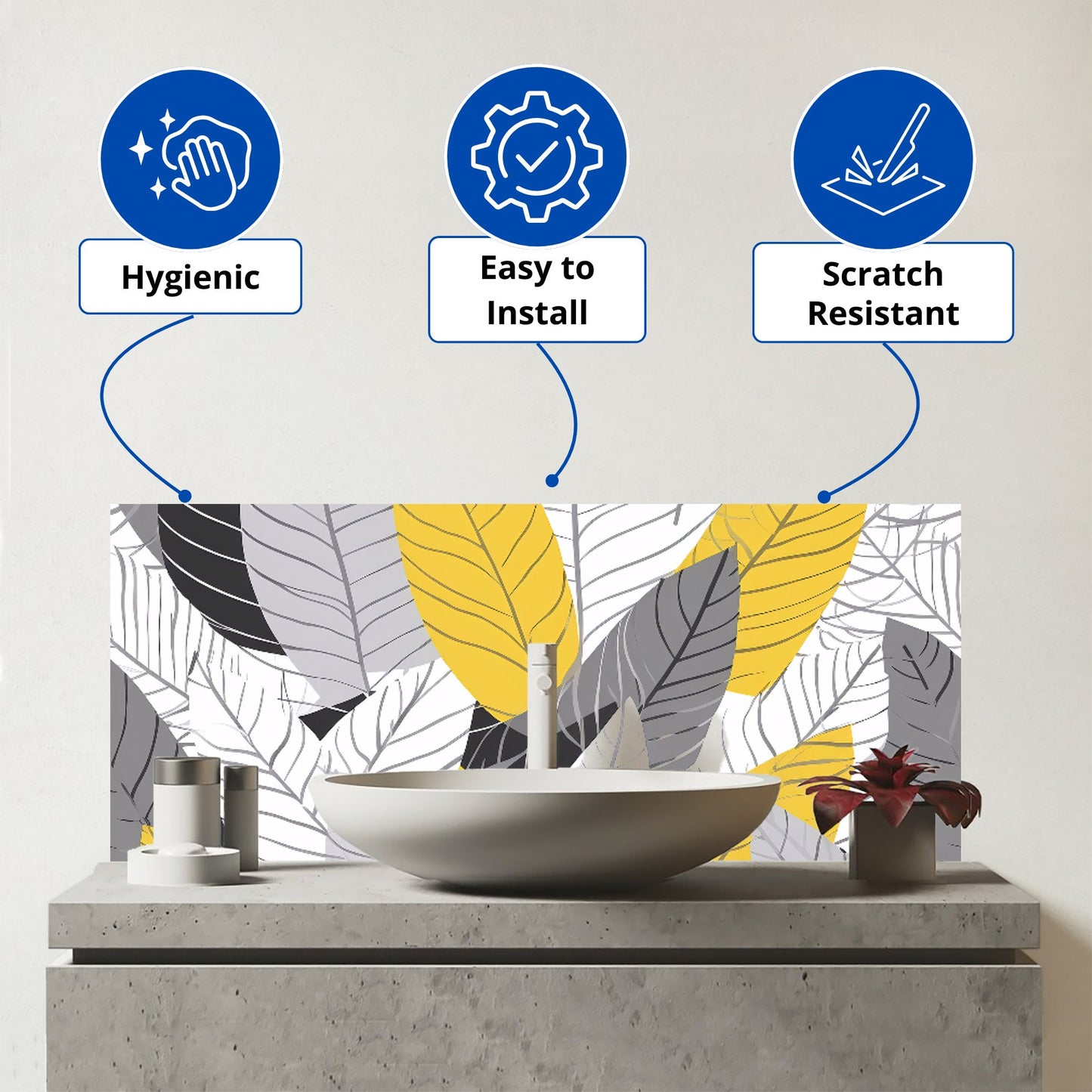 Yellow Grey Feather Leaves Glass Bathroom Splashback