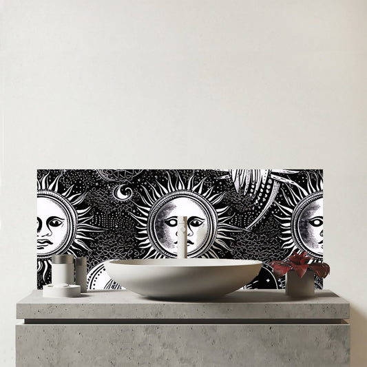 Moon and Sun Black White Glass Bathroom Splashback