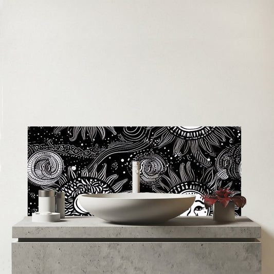 Moon and Sun White Black Glass Bathroom Splashback