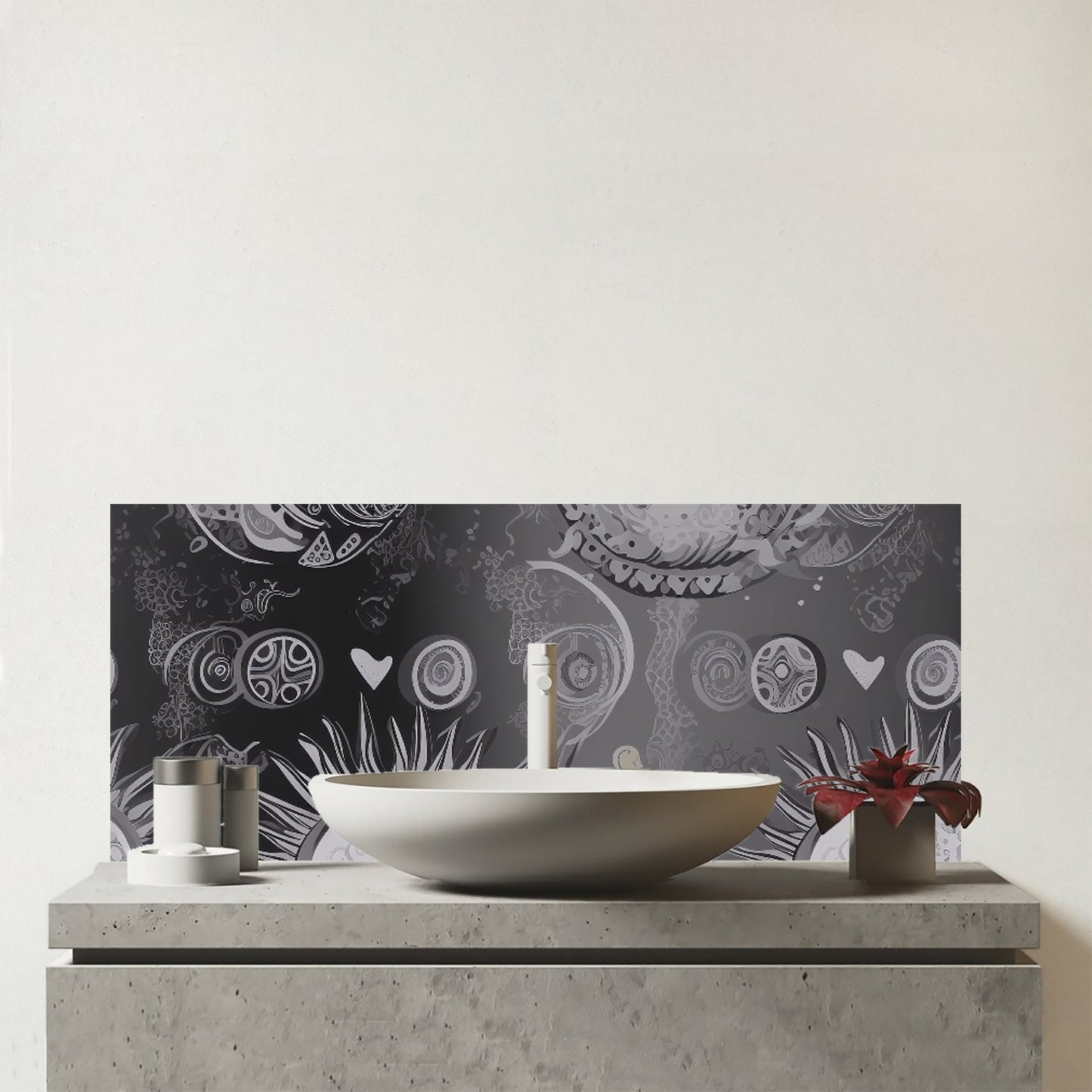 Black Grey Abstract Sun and Moon Glass Bathroom Splashback