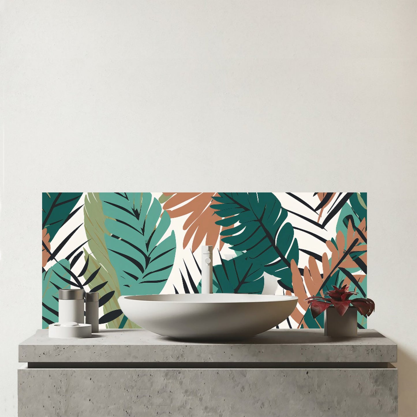 Tropical Floral Leaves Green Brown Glass Bathroom Splashback