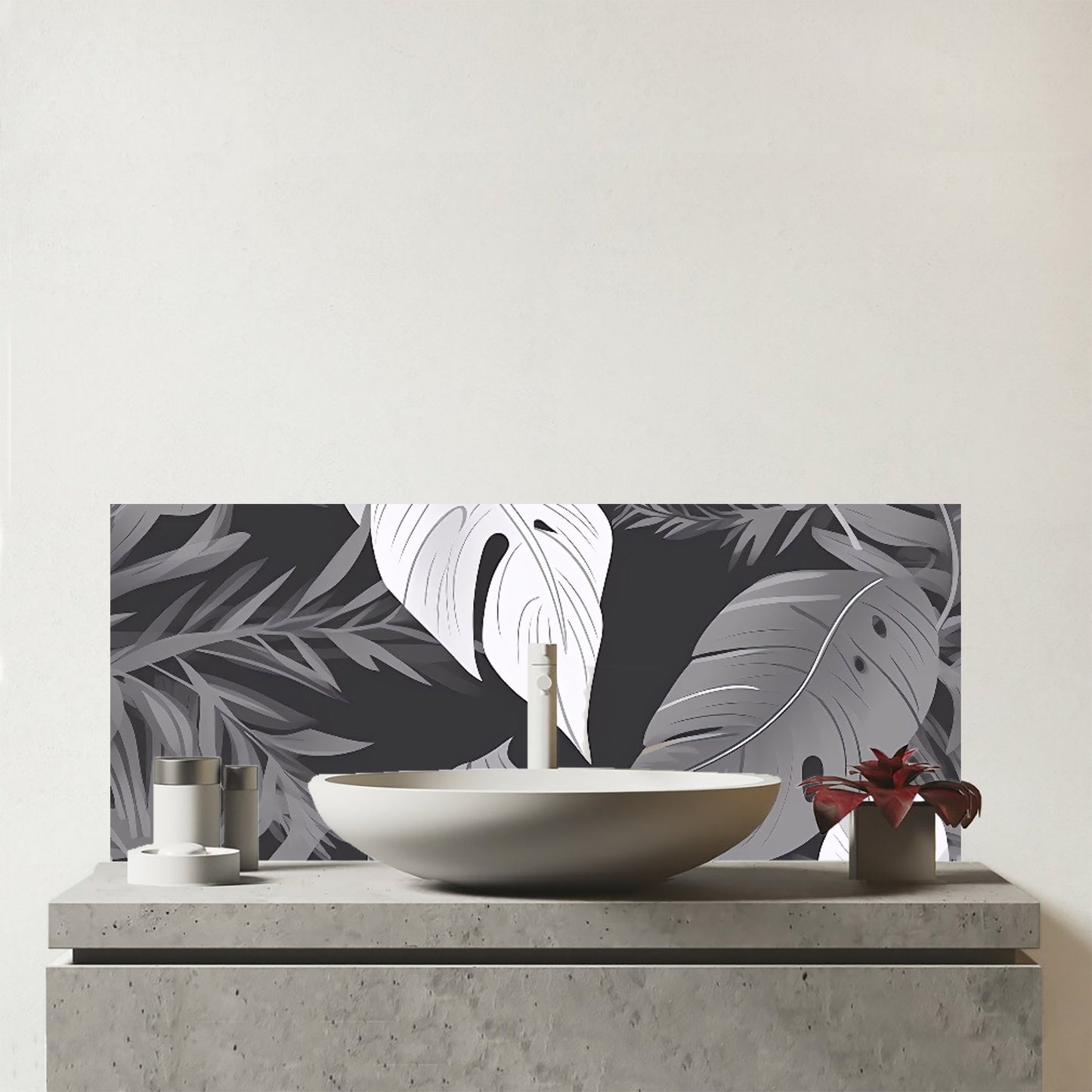 Black White Tropical Leaves Glass Bathroom Splashback