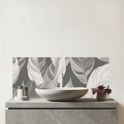 Grey Floral Leaves Glass Bathroom Splashback