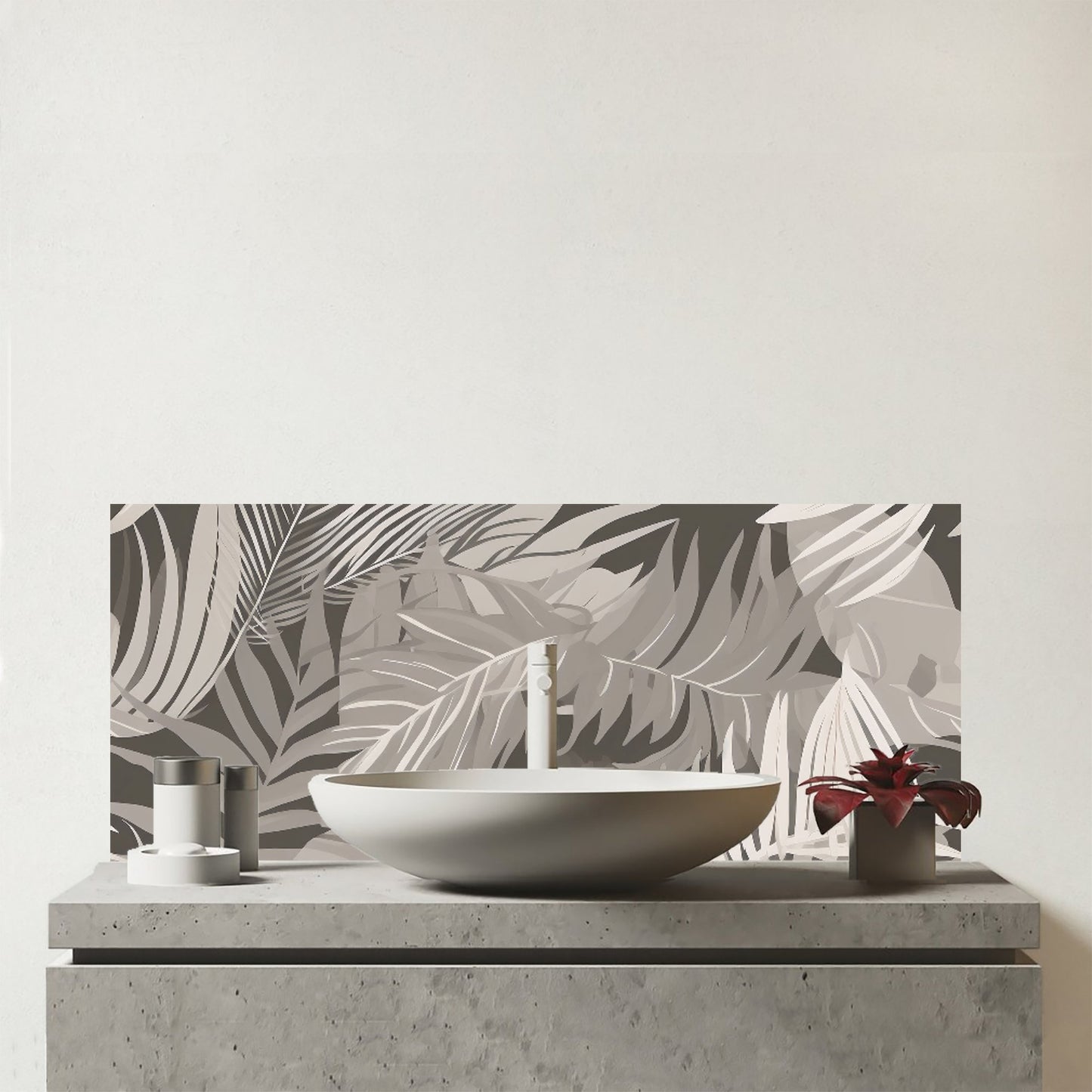 Grey Brown Tropical Leaves Glass Bathroom Splashback