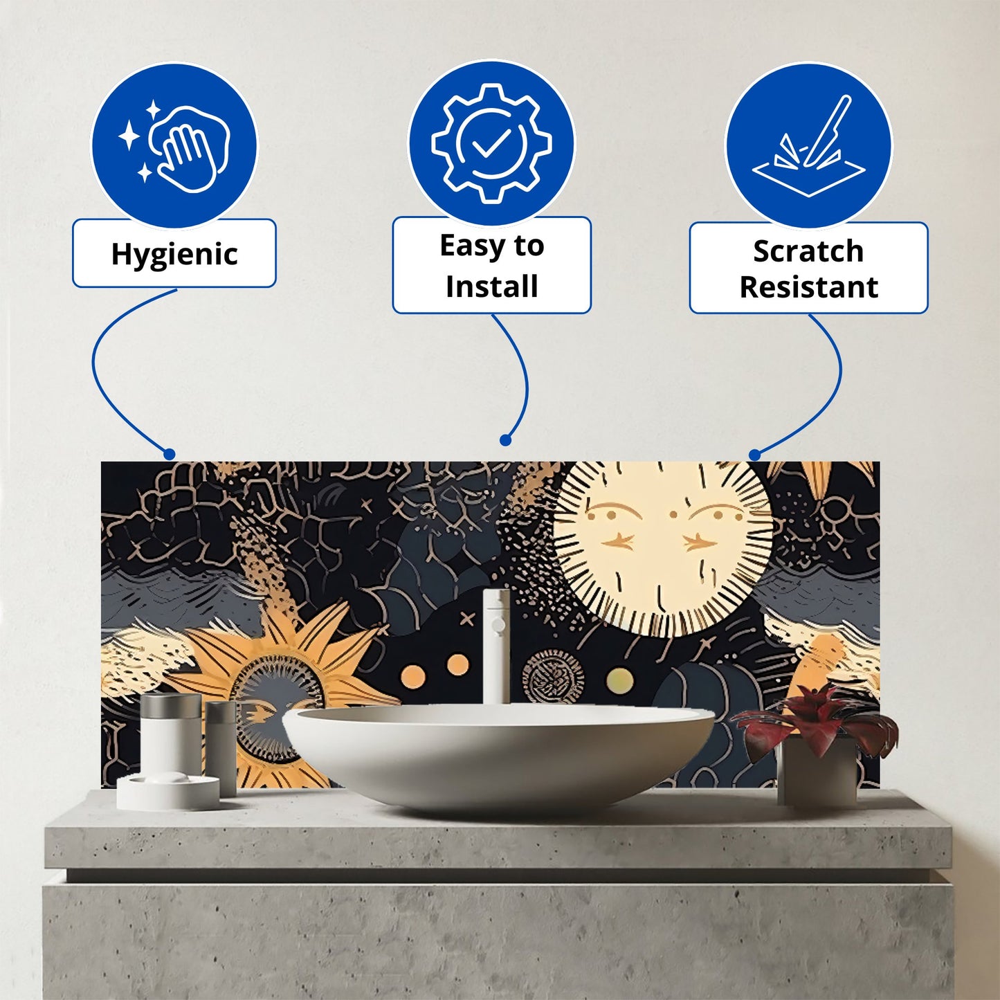 Gold Sun and Moon Glass Bathroom Splashback