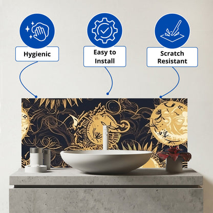 Moon and Sun Gold Blue Glass Bathroom Splashback