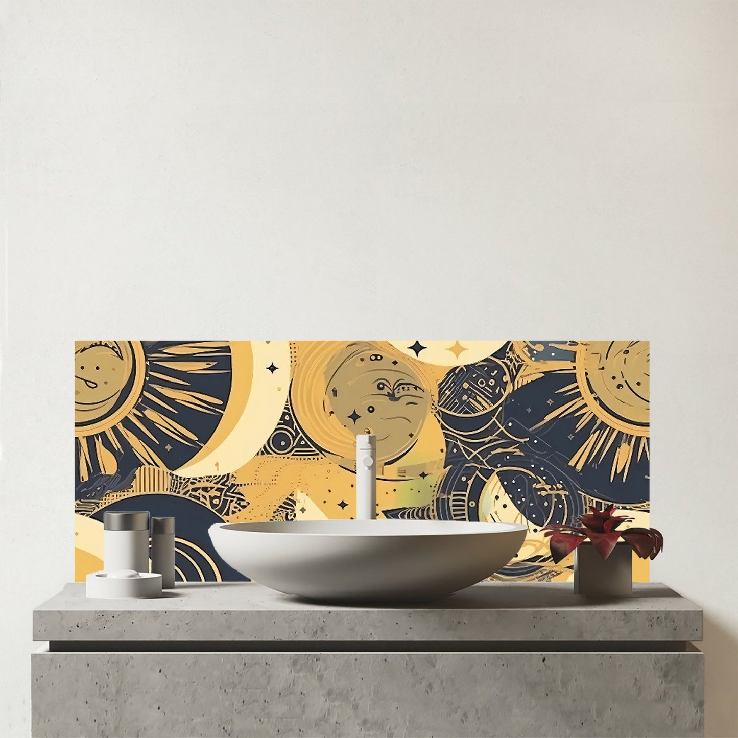 Blue Gold Moon and Sun Glass Bathroom Splashback