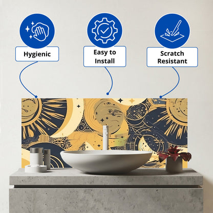 Blue Gold Moon and Sun Glass Bathroom Splashback