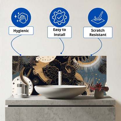 Abstract Blue Gold Moon Sun Glass Bathroom Splashback