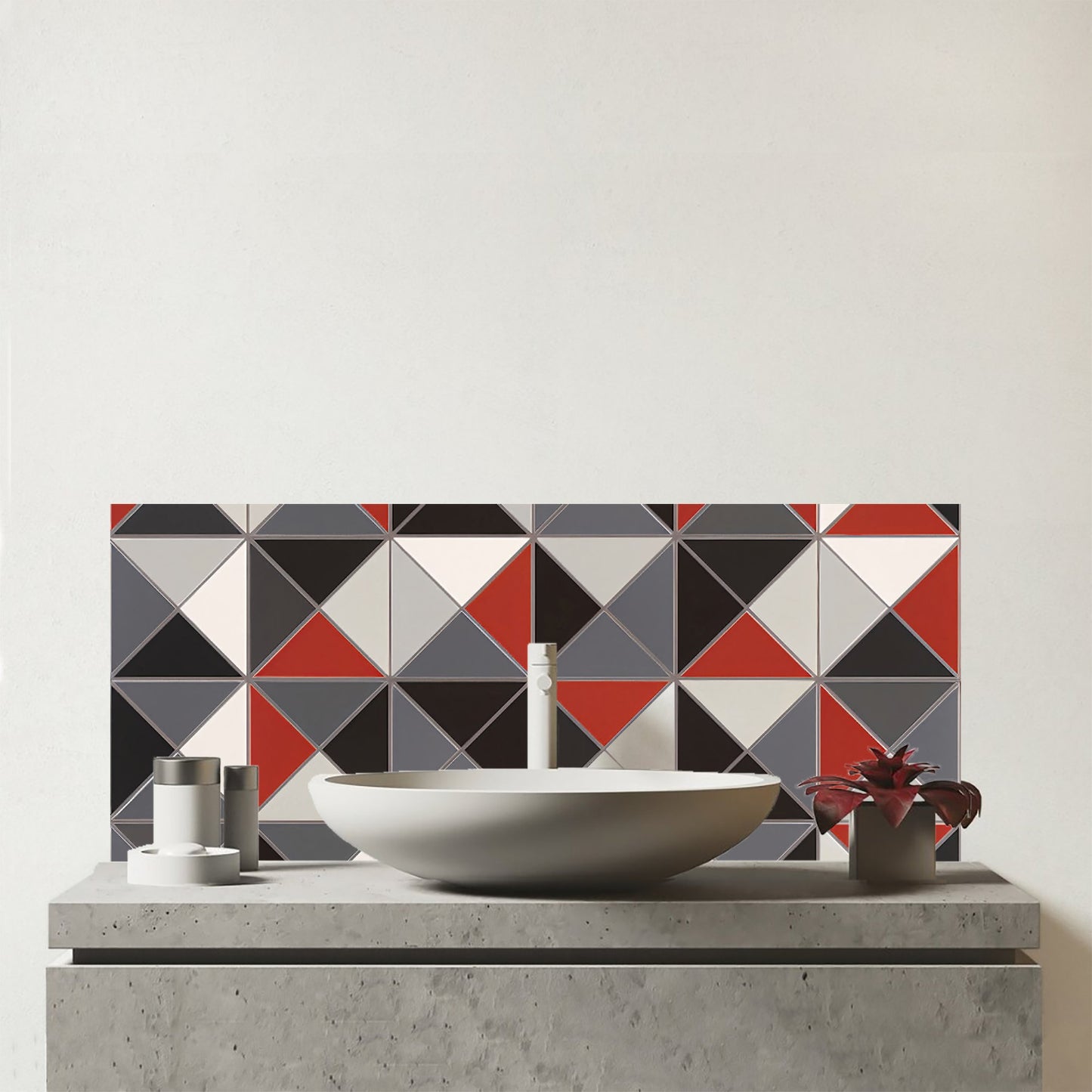 Grey Red Triangle Geometric Glass Bathroom Splashback