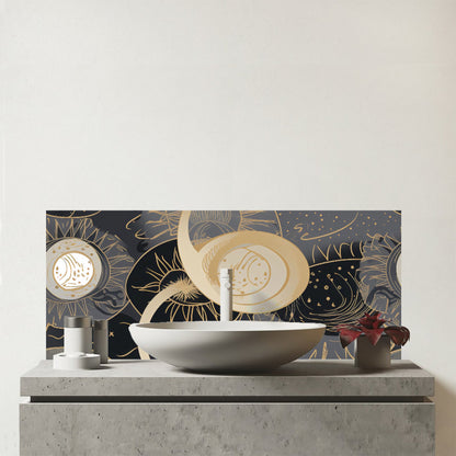 Abstract Silver Gold Sun and Moon Glass Bathroom Splashback