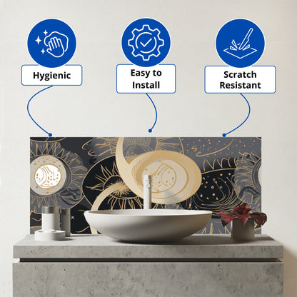 Abstract Silver Gold Sun and Moon Glass Bathroom Splashback