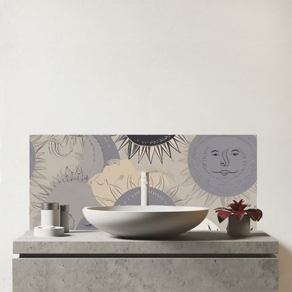 Grey Black Abstract Moon and Sun Glass Bathroom Splashback