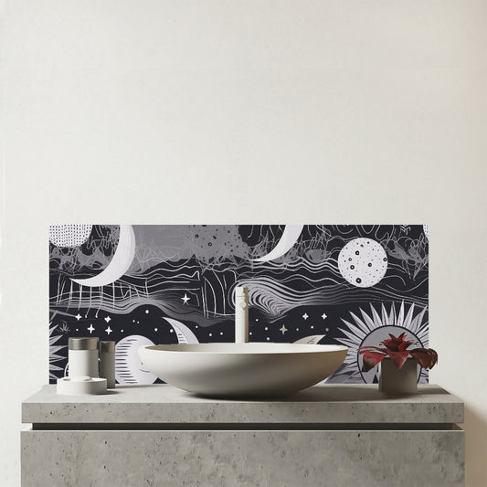 Abstract Black White Moon and Sun Glass Bathroom Splashback