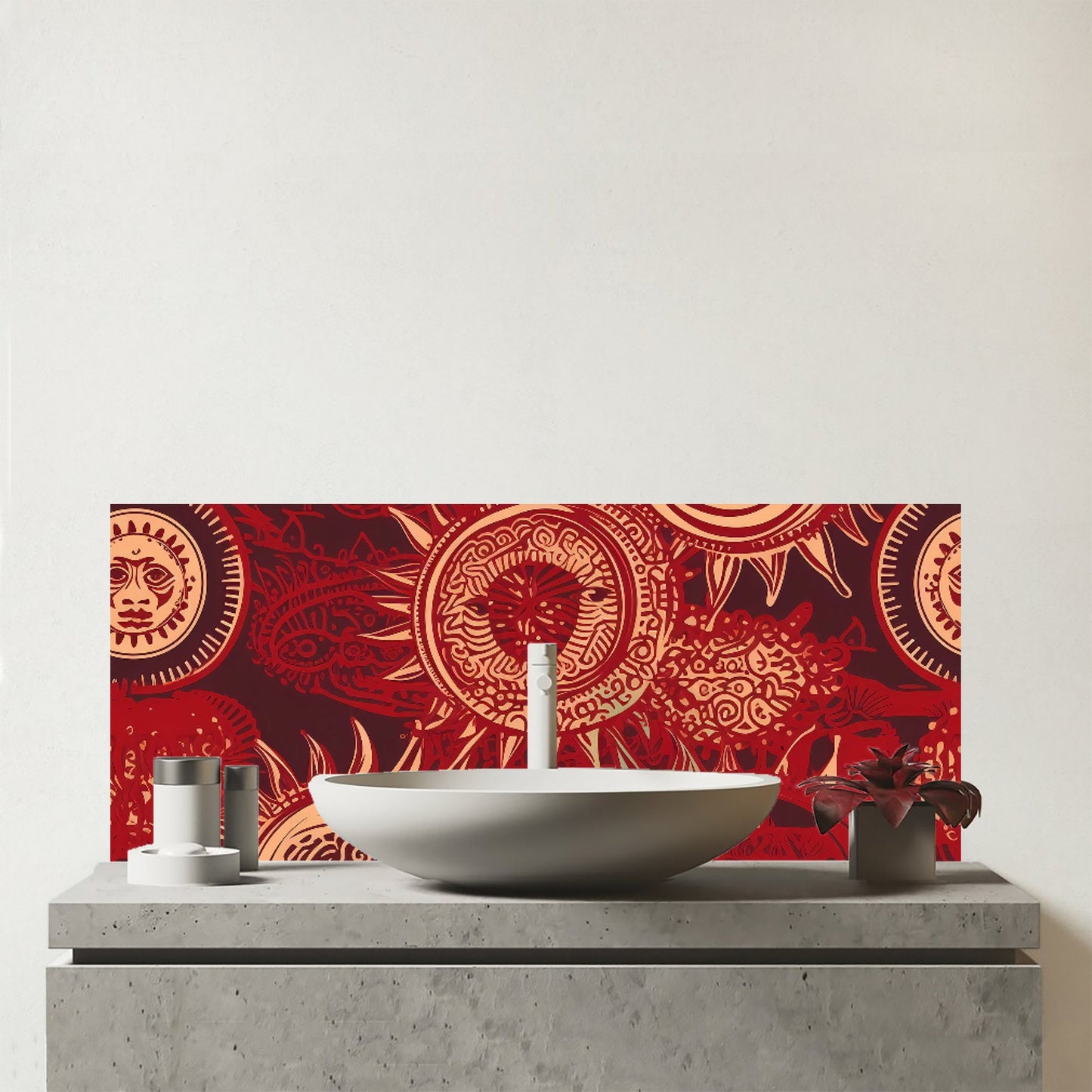 Abstract Red Moon and Sun Glass Bathroom Splashback