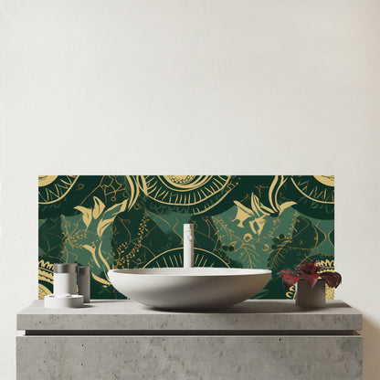 Abstract Green Gold Moon Pattern Glass Bathroom Splashback