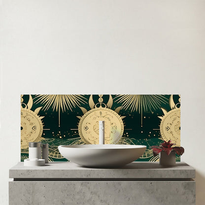 Green Moon and Sun Abstract Pattern Glass Bathroom Splashback