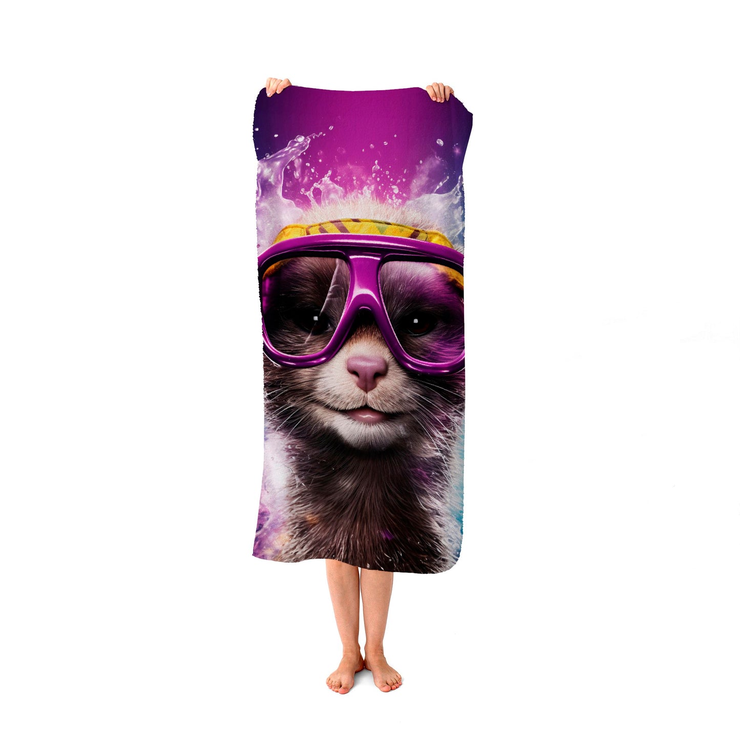 Splashart Ferret With Glasses Purple Beach Towel