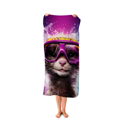 Splashart Ferret With Glasses Purple Beach Towel