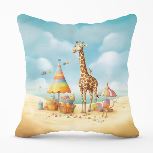 Giraffe On A Beach Holiday Cushions