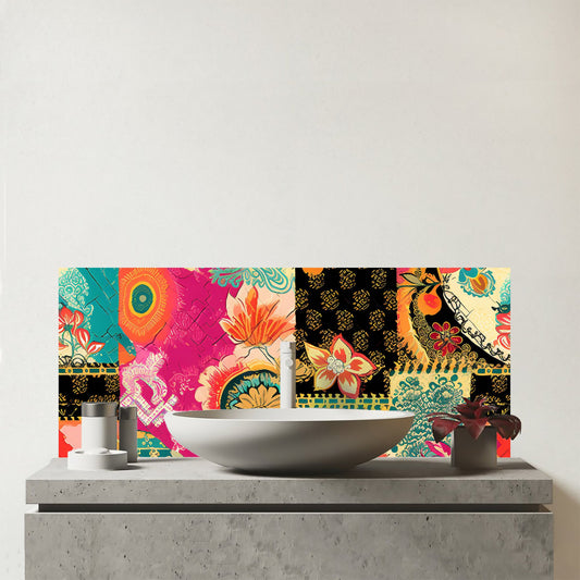 Patchwork Mixed Textiles Glass Bathroom Splashback