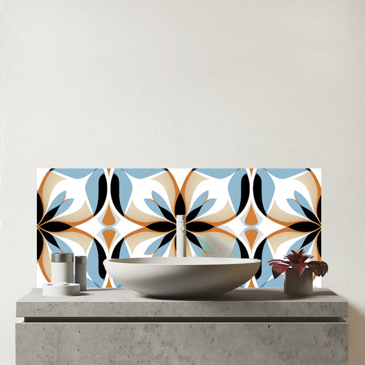 White Brown and Blue Geometric Pattern Glass Bathroom Splashback