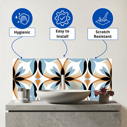 White Brown and Blue Geometric Pattern Glass Bathroom Splashback