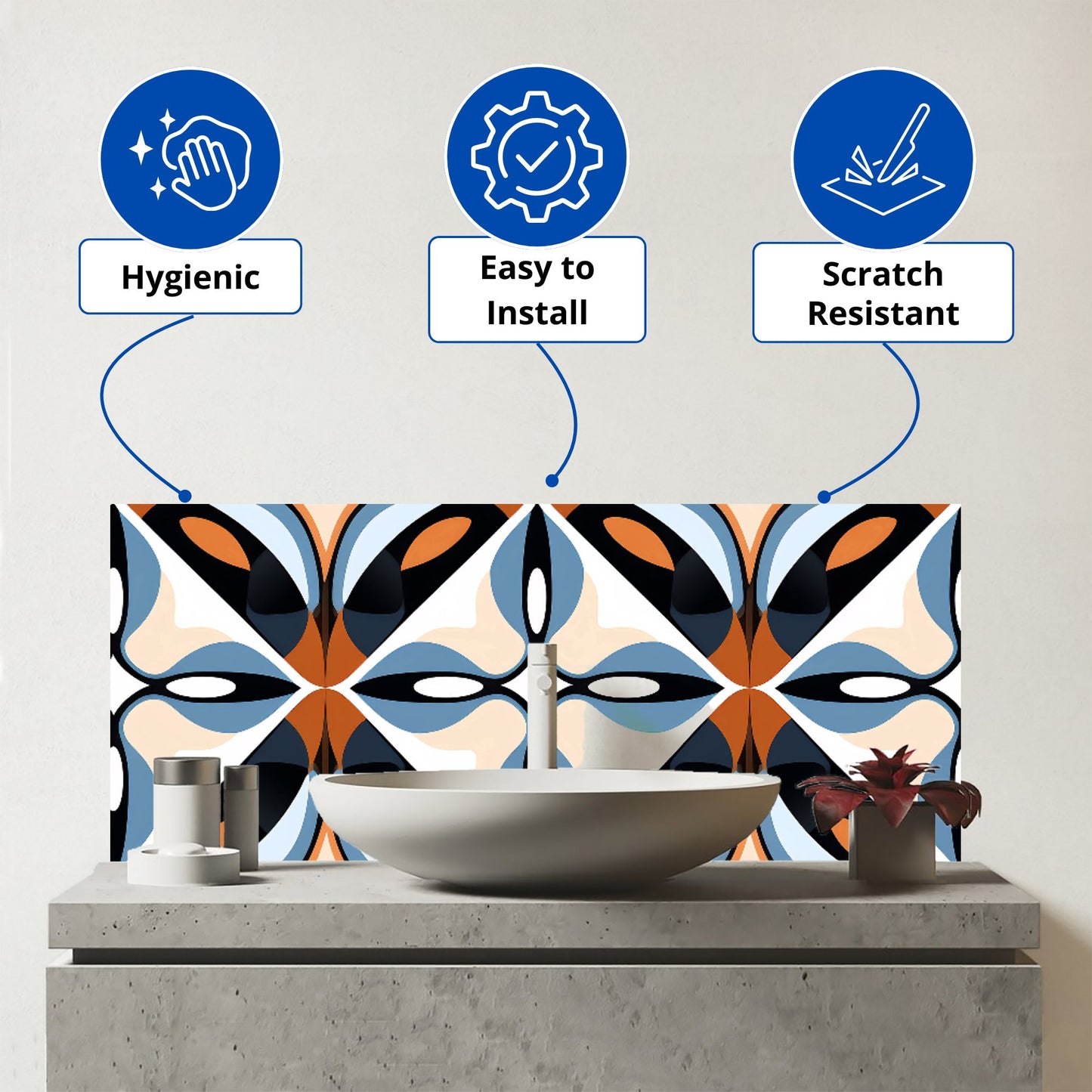 Brown And Blue Geometric Pattern Glass Bathroom Splashback