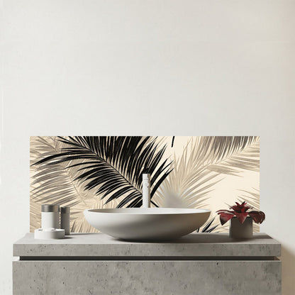 Black And White Tropical Palm Leaves Glass Bathroom Splashback