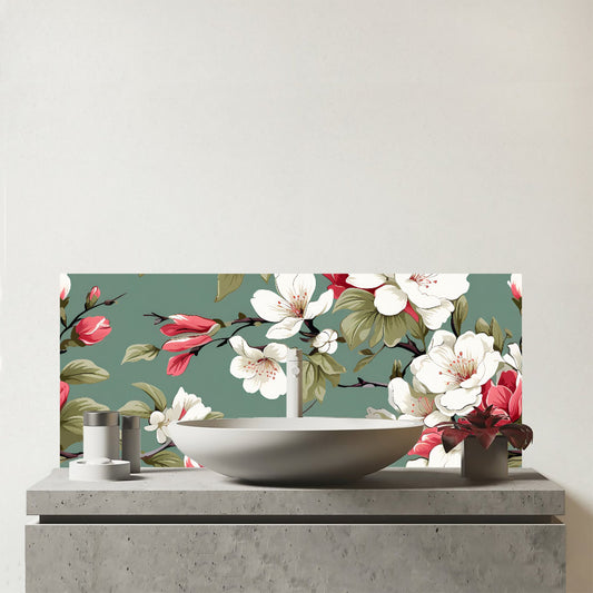 Pink And White Blossom Glass Bathroom Splashback