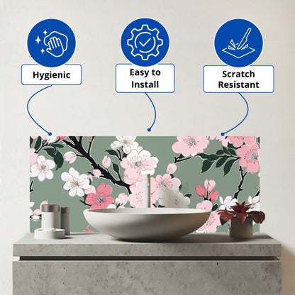 Pink Floral Abstract Pattern Glass Bathroom Splashback