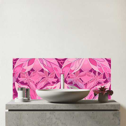 Pink Abstract Floral Design Glass Bathroom Splashback