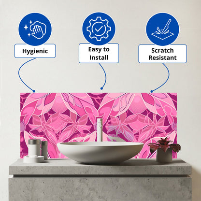 Pink Abstract Floral Design Glass Bathroom Splashback