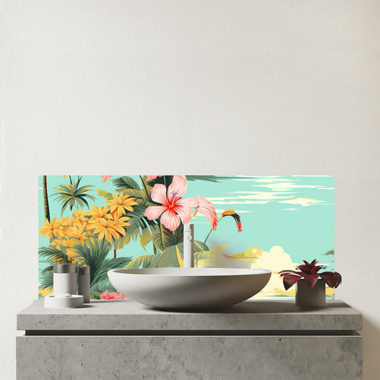 Palm Trees and Hibiscus Glass Bathroom Splashback