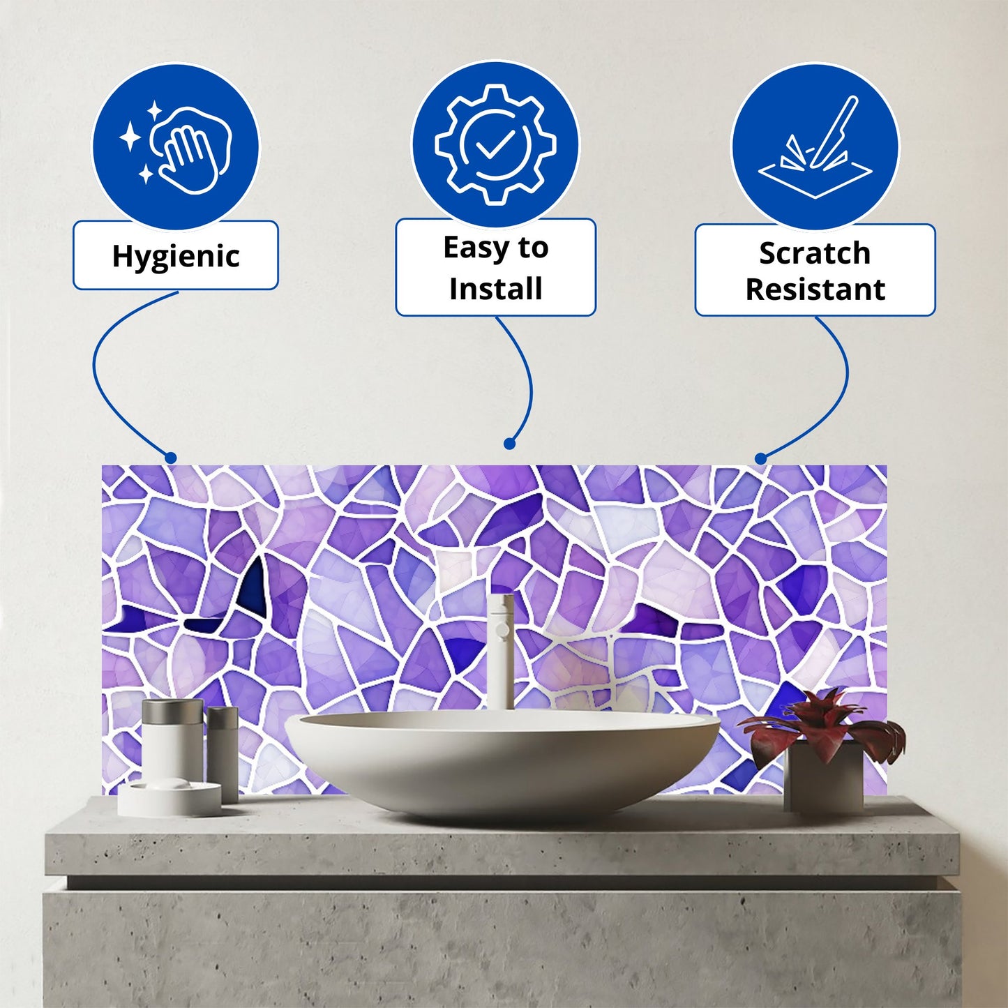 Purple and White Mosaic Design Glass Bathroom Splashback