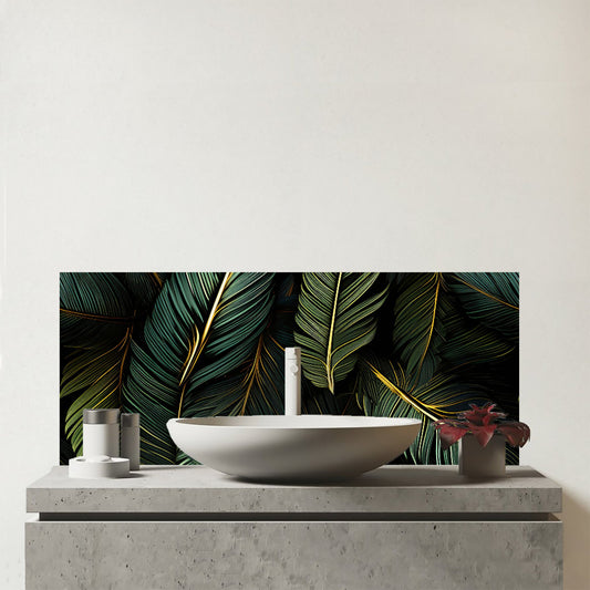 Green and Gold Leaves Glass Bathroom Splashback