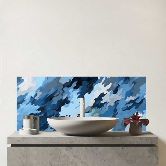 Blue And Grey Canvas Brushstrokes Glass Bathroom Splashback