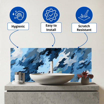 Blue And Grey Canvas Brushstrokes Glass Bathroom Splashback