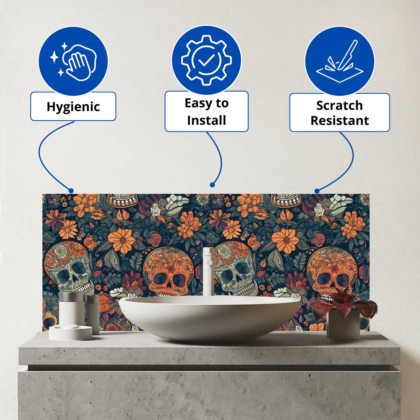 Dia De Los Muertos Skulls Glass Bathroom Splashback