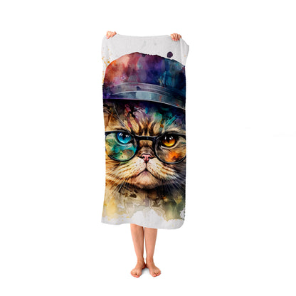 Shorthair Cat With Glasses Splashart Beach Towel